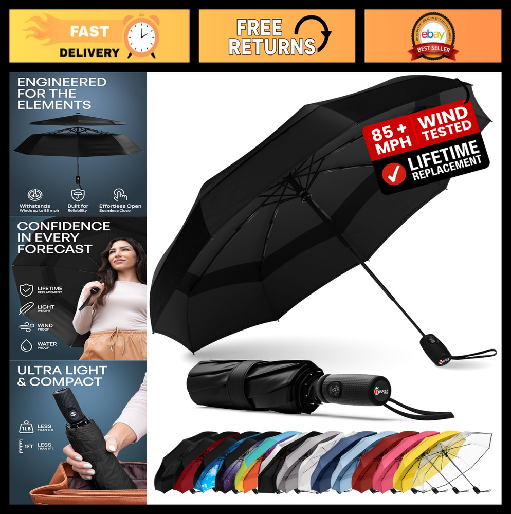Compact Windproof Travel Umbrella - Auto Folding, 85MPH Wind Resistant, Durable