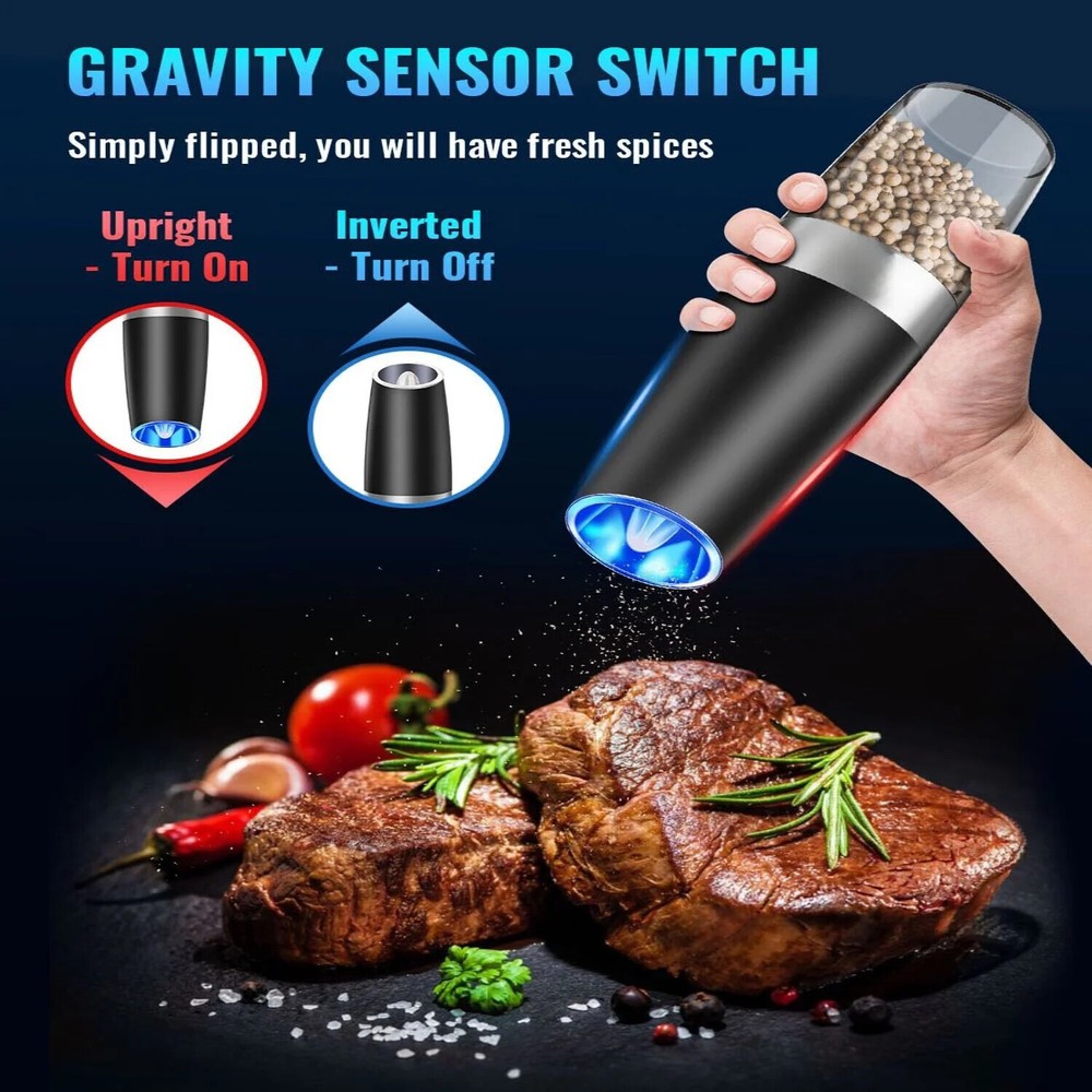 2 Pack Gravity Electric Salt and Pepper Grinder Mill Shaker Adjustable Automatic