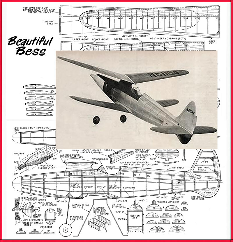 Model Airplane Plans (FF) : Beautiful Bess 28" Wingspan Rubber-Powered (or...)