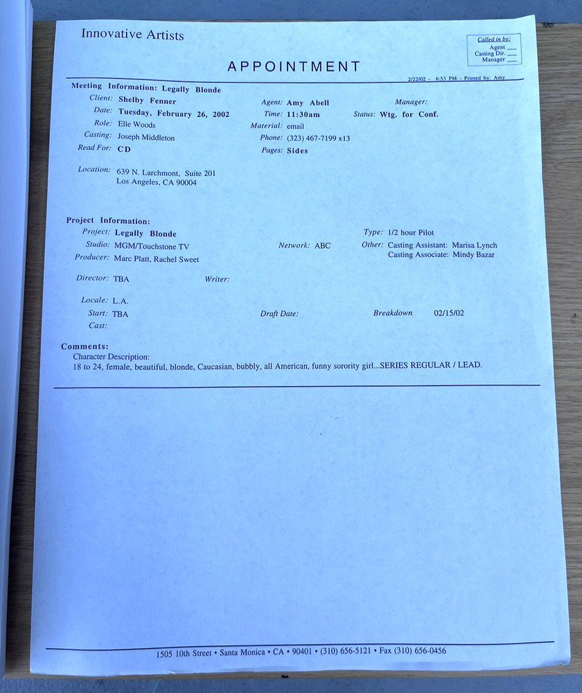 2000 Legally Blonde Movie Original Script & 1/2 Hour TV Pilot Network Paper