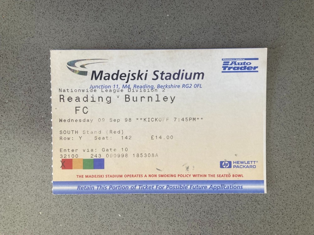 Reading v Burnley 1998-99 Match Ticket