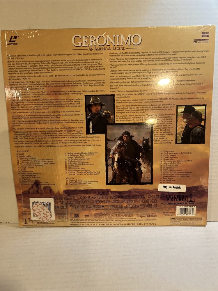 Geronimo an American Legend Widescreen Laserdisc LD Gene Hackman