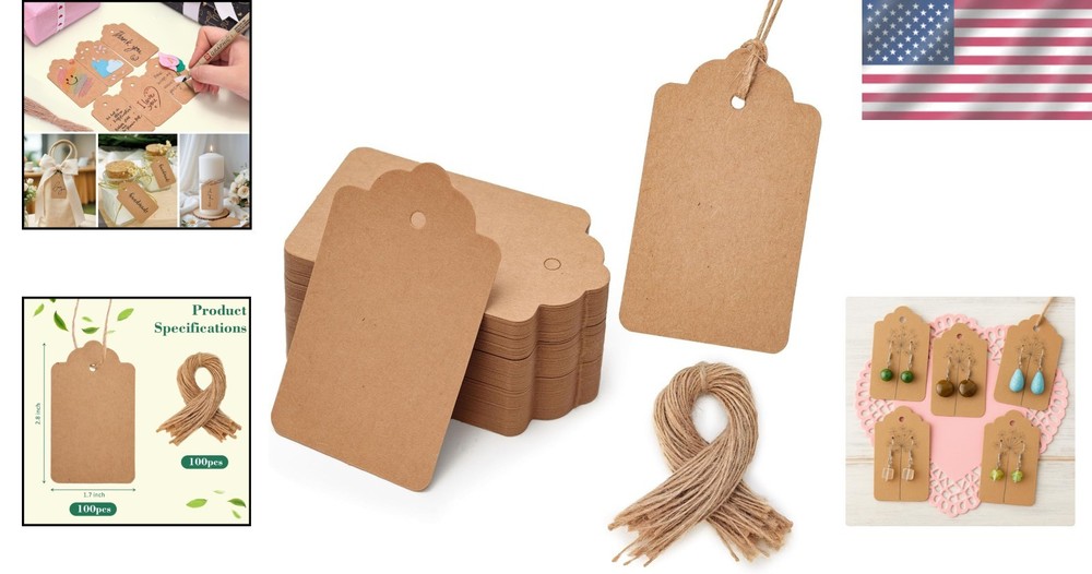 Brand New Gift Tags with Strings, Kraft Paper, Brown, Rectangular, 1.7 x 2.8 ...
