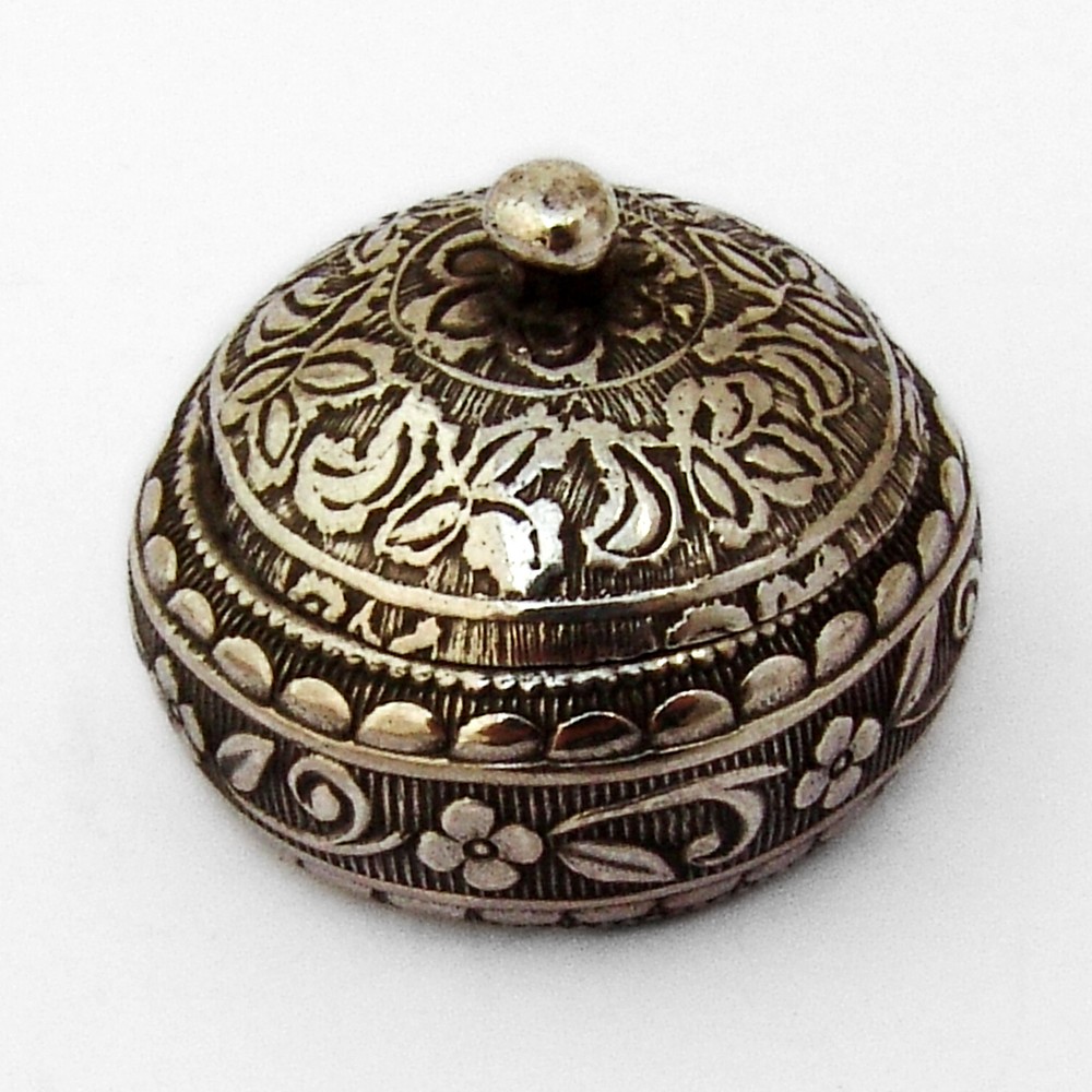Round Pill Box Embossed Floral Designs Sterling Silver