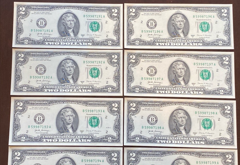 US 2017-A-$2 BILLS-UNCIRCULATED -(10) CONSECUTIVE SERIAL #’s- US BANK NOTES