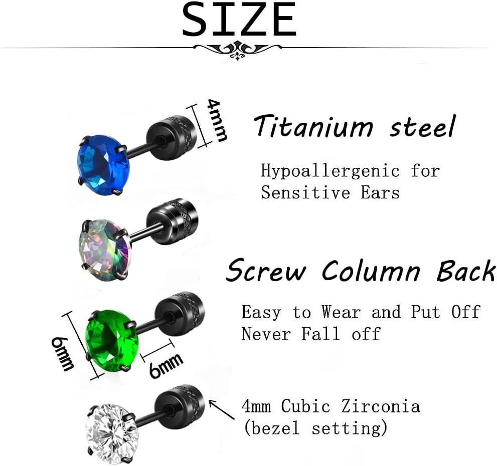 SIISPRI 4 Pairs Titanium Screw Back Surgical Stainless 4 CZ-6mm(C)