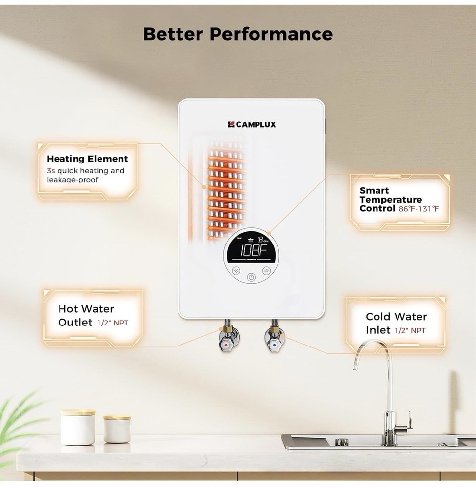 CAMPLUX Tankless Water Heater Electric 4.5kW 110~120V Small Instant Point-of-use