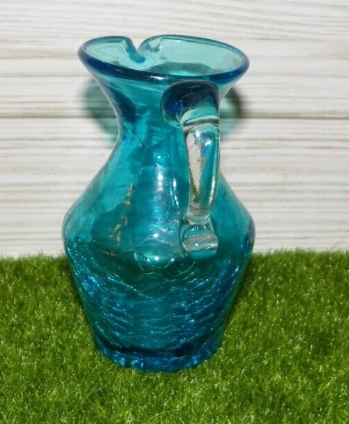 Old~ 4-3/8" Blue Hand Blown Crackle Glass Pitcher & Clear Handle ~ Unknown Maker