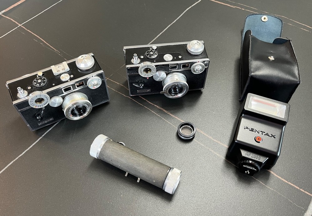 2 Argus C3 35mm Cameras + Argus Partial Flash + Argus Lens Filter + Pentax Flash