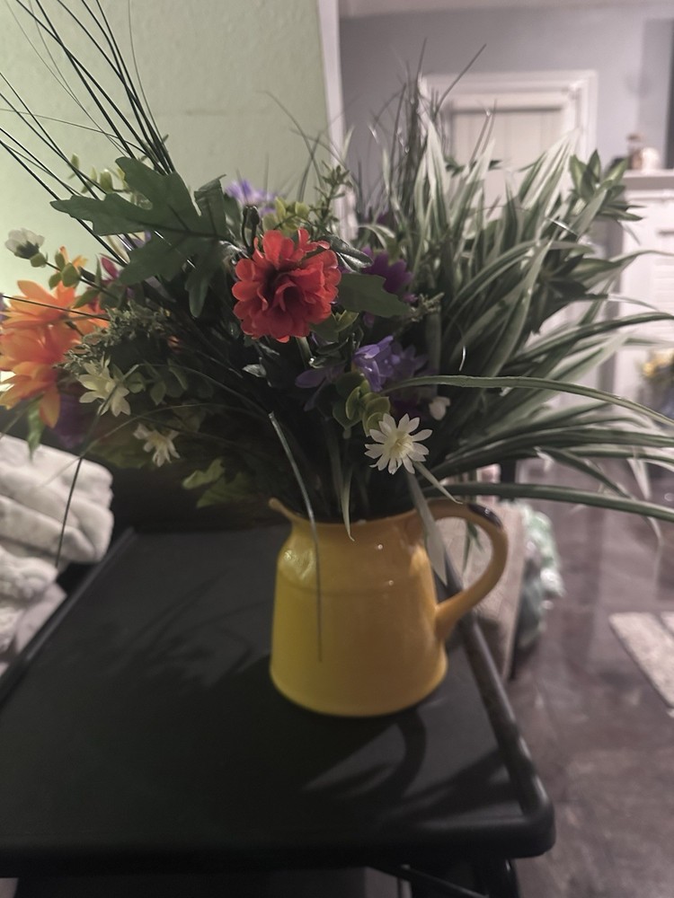 Artificial Multicolor Daisy Arrangement in Yellow Pitcher Vase