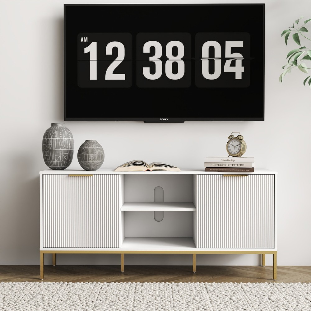 Modern TV Stand with Wave-Design Doors, Open Shelf & Adjustable