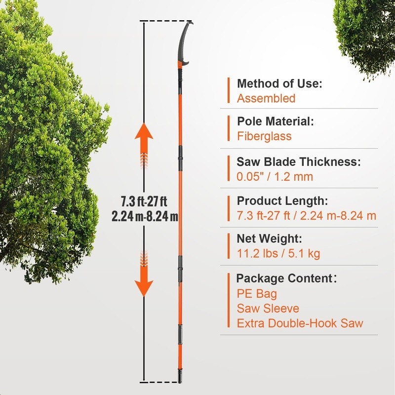 Manual Pole Saw 27 ft Telescoping Tree Pruner Double Bolt Stability Sharp Blade