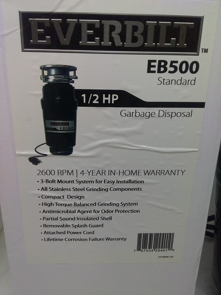 Everbilt EB500 Standard 1/2HP Garbage Disposal ( New)