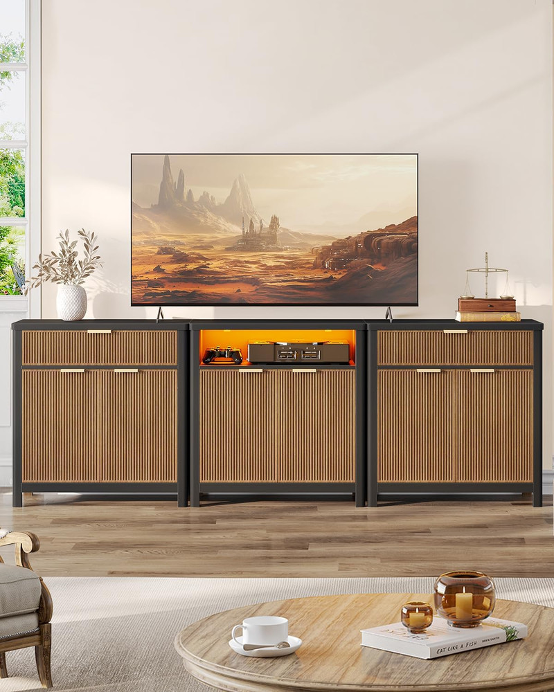 Sideboard Buffet Storage Cabinet,Buffet Table with Storage & Led Lights, Coffee
