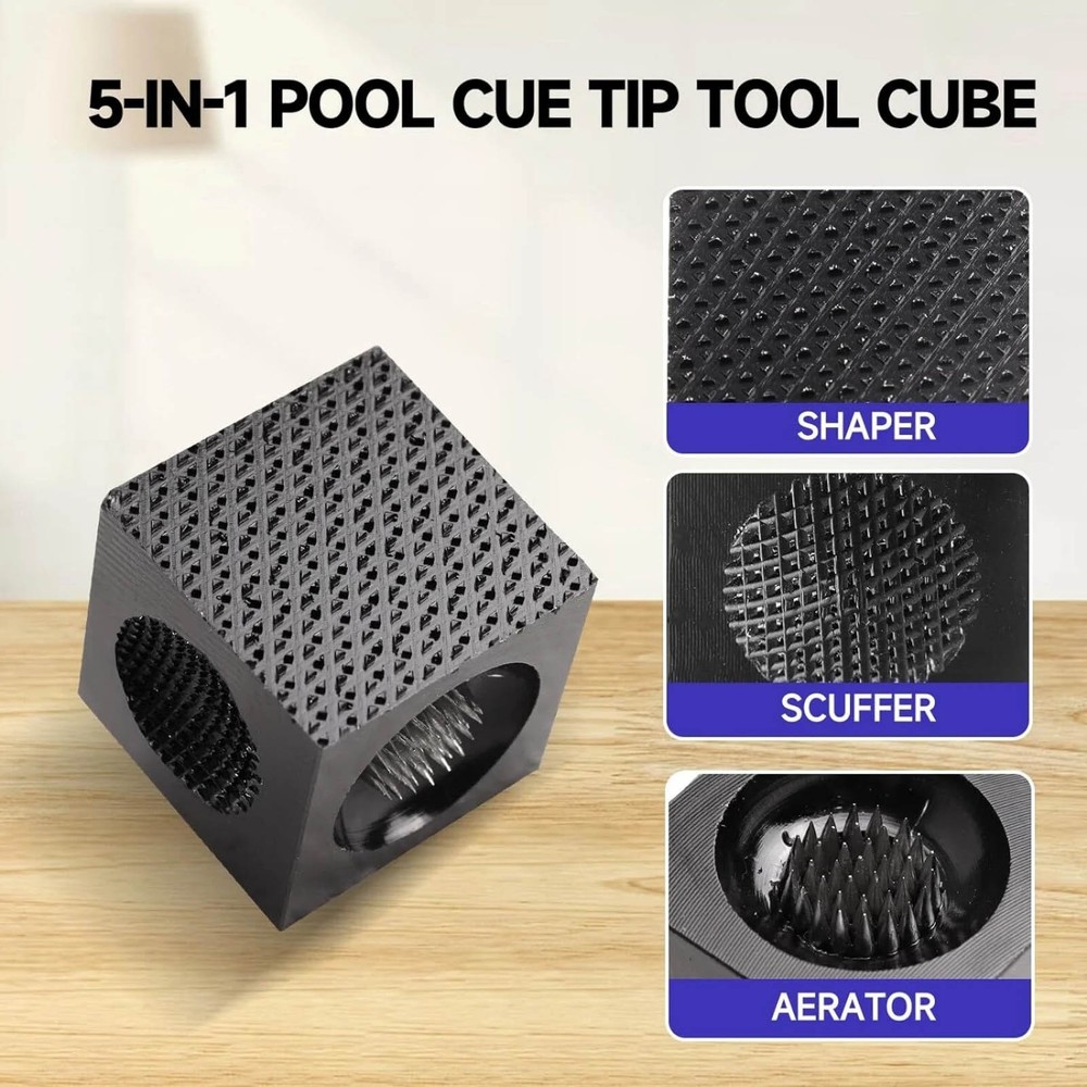 Black 5-in-1 Billiard Pool Cue Tip Tool, Scuffer/Shaper/Aerator Tip Pick Cube