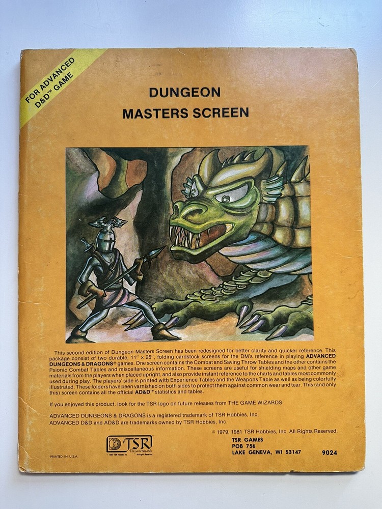 Dungeon Masters Screen (For Advanced D&D Game) 1981 TSR Games 9024 2-tri panel
