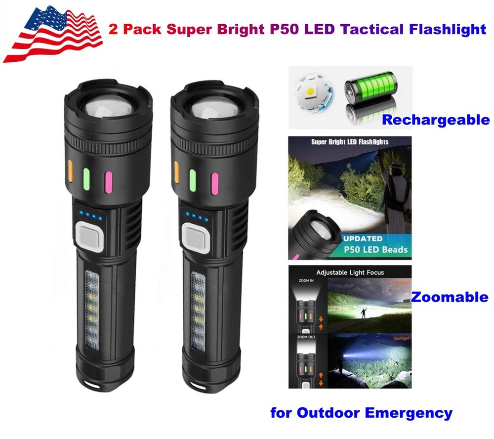 Super Bright P50 LED Tactical Flashlight with COB Side Light 5 Modes Zoomable