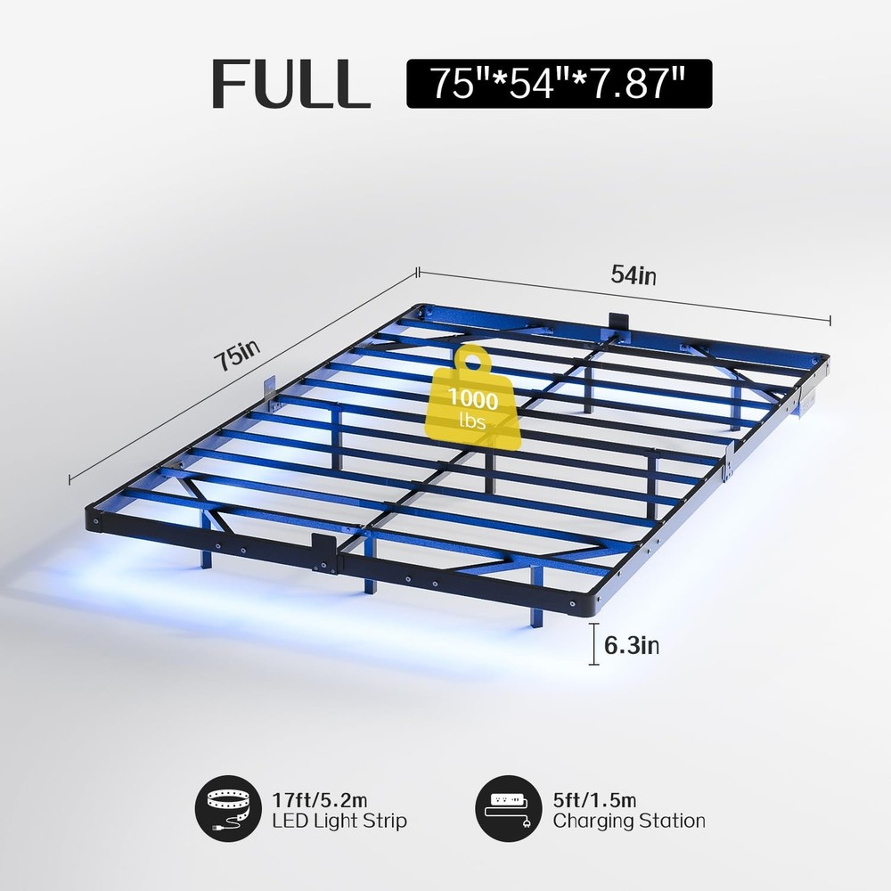 Full Size Modern Floating Bed Frame with Smart LED Lights, USB Charging Stati...