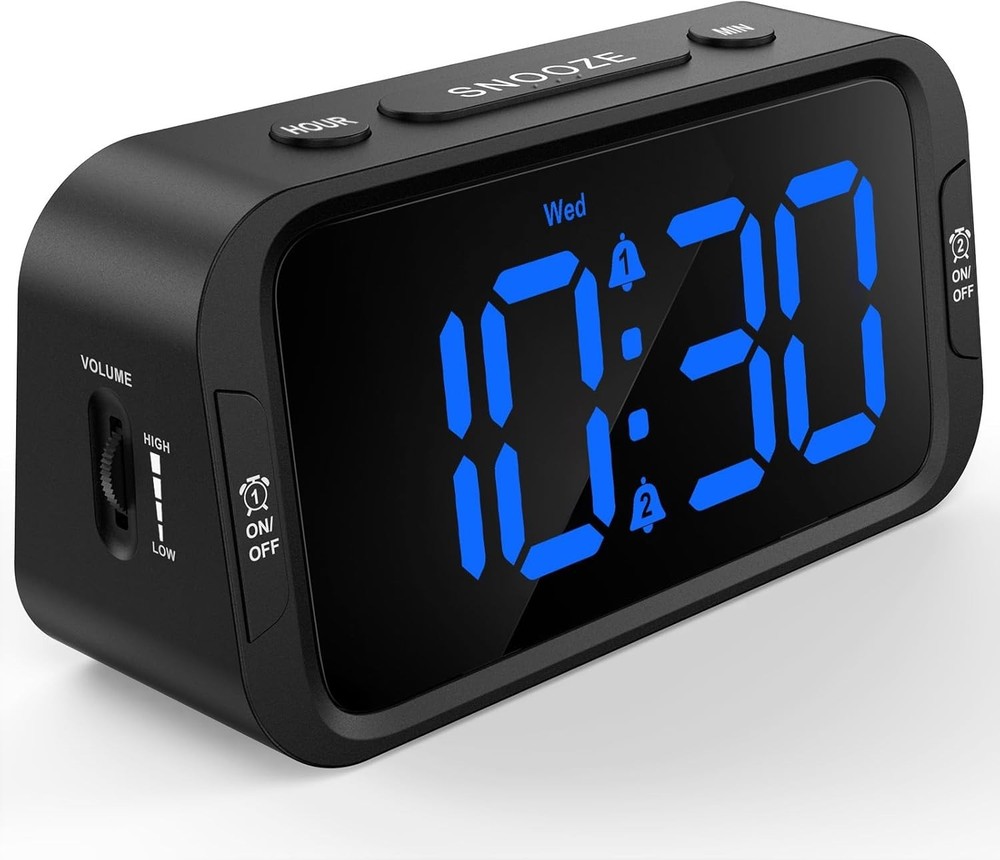Versatile USB Charging Alarm Clock with Compact Design & Dimmer – Black/Blue LED