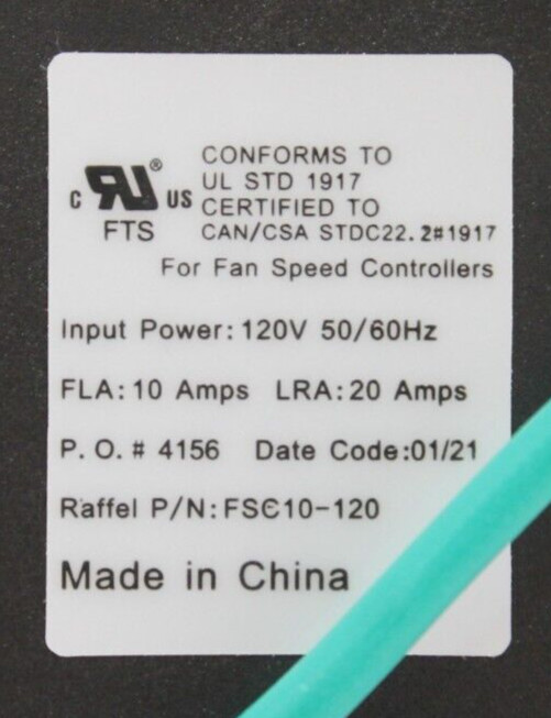 Raffel FSC10-120 Solid State Speed Controller