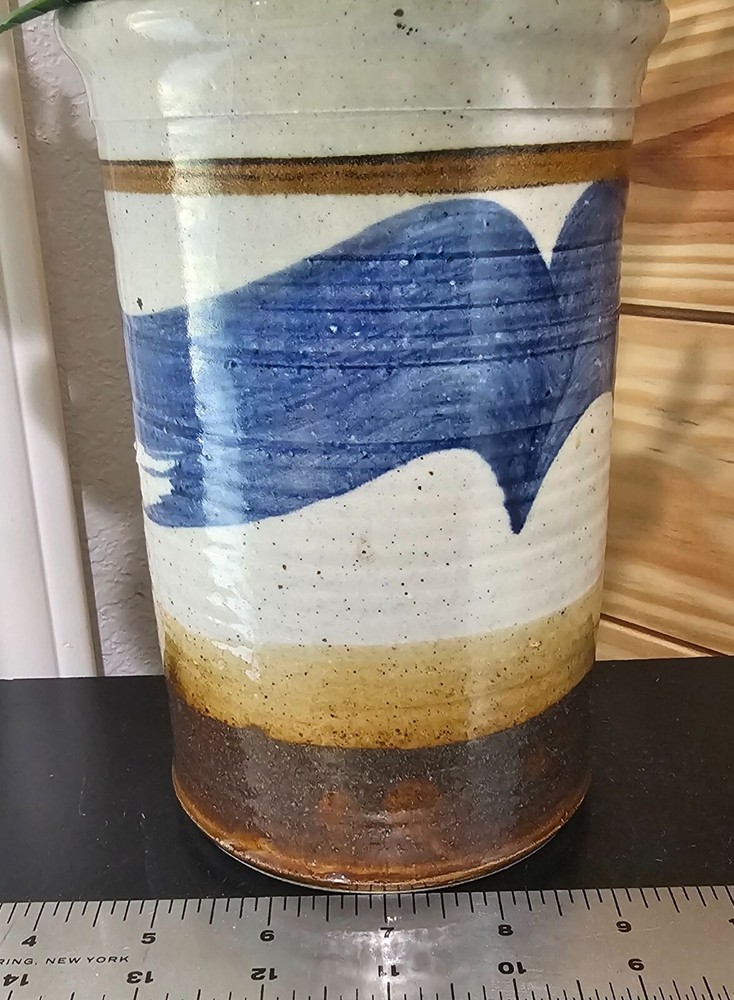 Signed Studio Pottery Vase Cream Blue Brown 7"