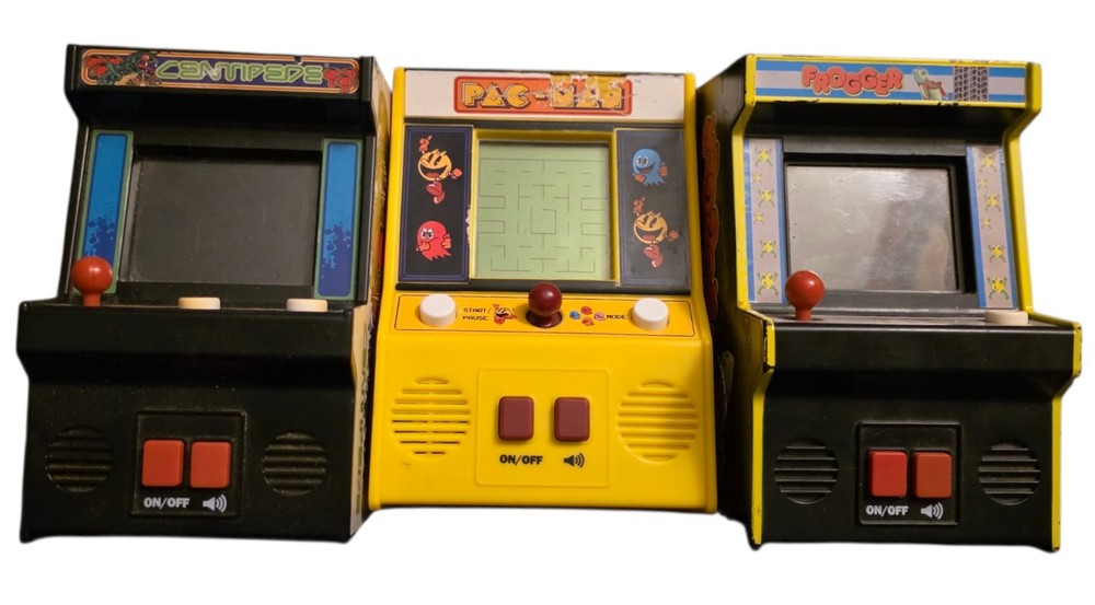 Three Mini Arcade Machines Basic Fun Centipede, Pac-Man Man, Frogger Works
