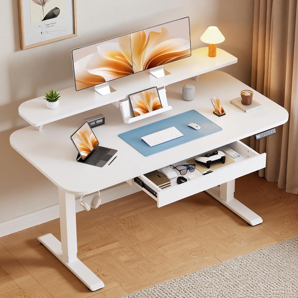Electric Standing Desk with Drawers, 48 x 24 Inches Height Adjustable Compute...