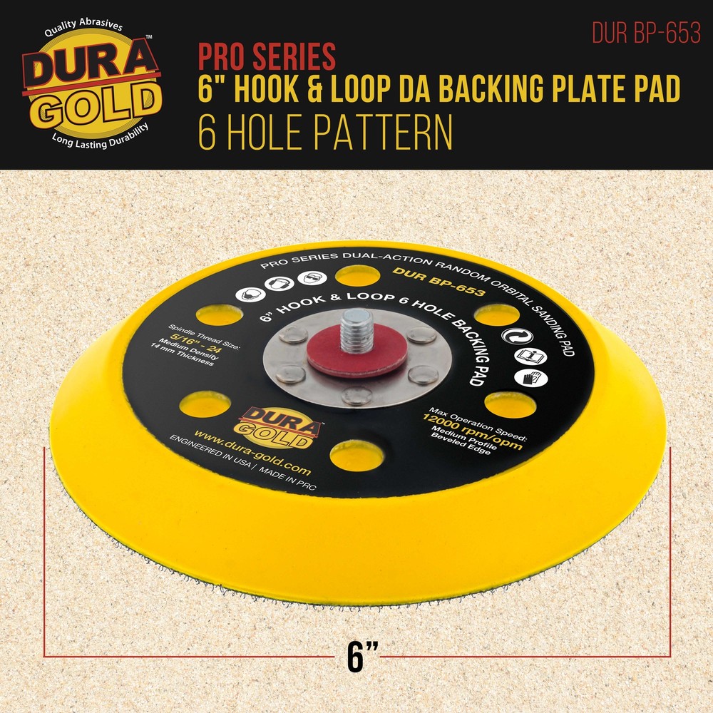 Dura-Gold 6" Hook & Loop DA Sander Backing Plate Pad 6 Hole Pattern 14mm Sanding