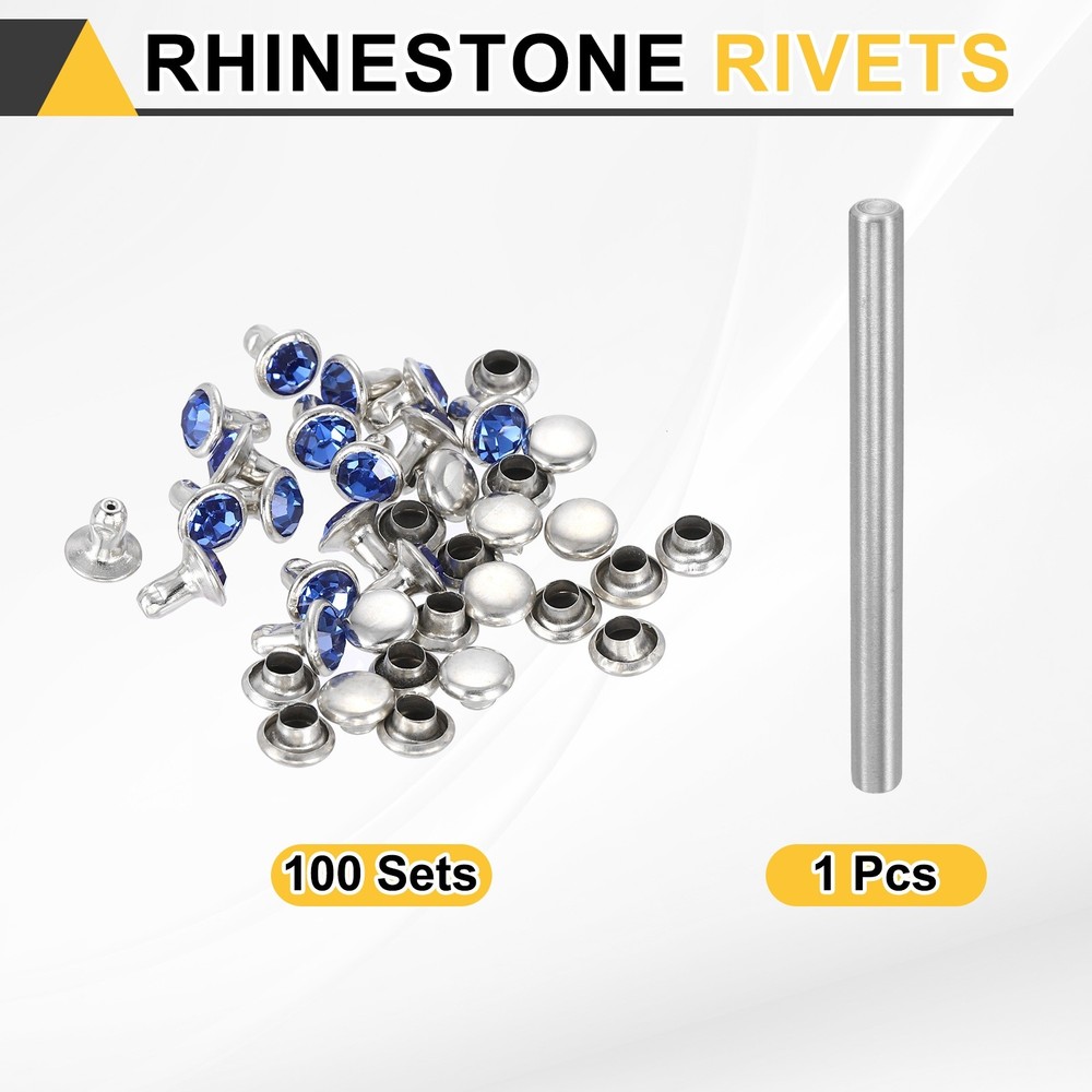 100pcs Crystal Rivets 6mm Rhinestone Stud with Tool, Silver Light Blue