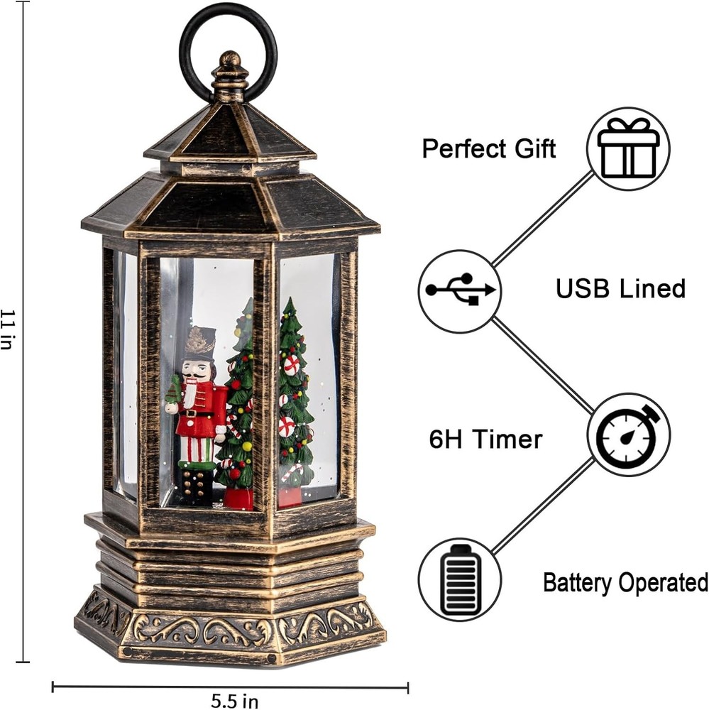 Musical Christmas Snow Globe Lantern Lighted Nutcracker Tree Glitter Decor