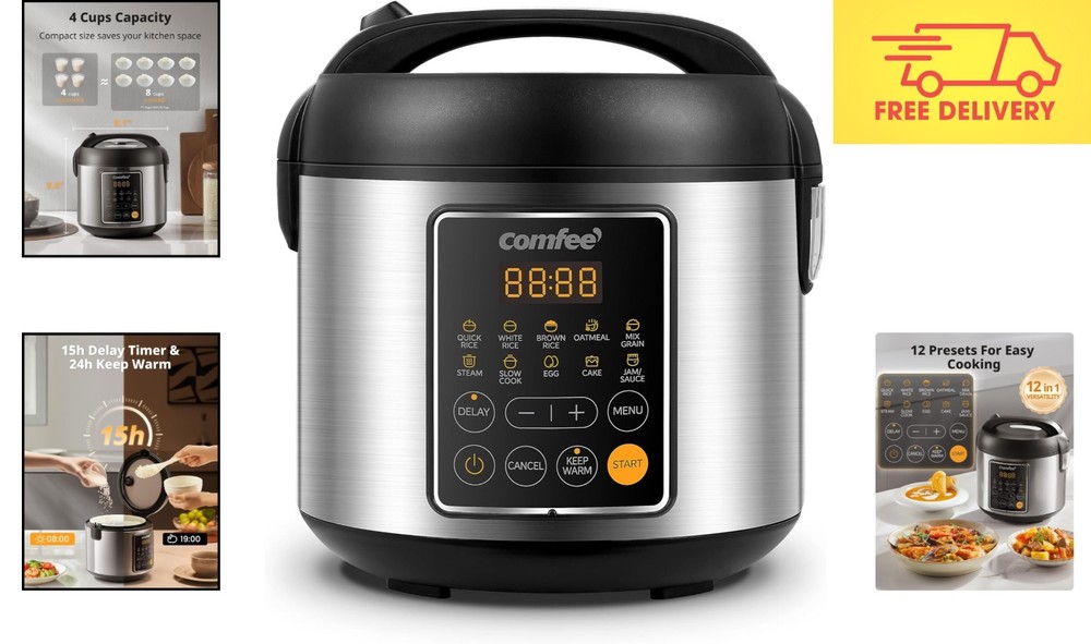 Versatile 4-Cup Rice Cooker with Steamer Basket and Automatic Keep Warm Feature