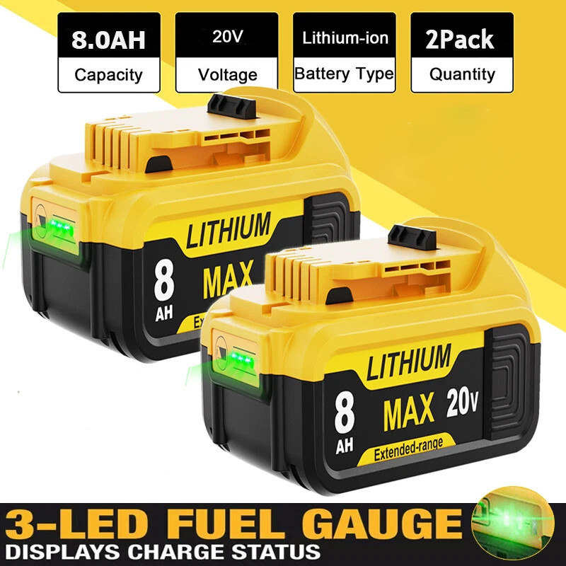 2PC 8.0Ah Battery Replace for Dewalt 20V DCB208 DCB206 Drill Tools LED Indicator
