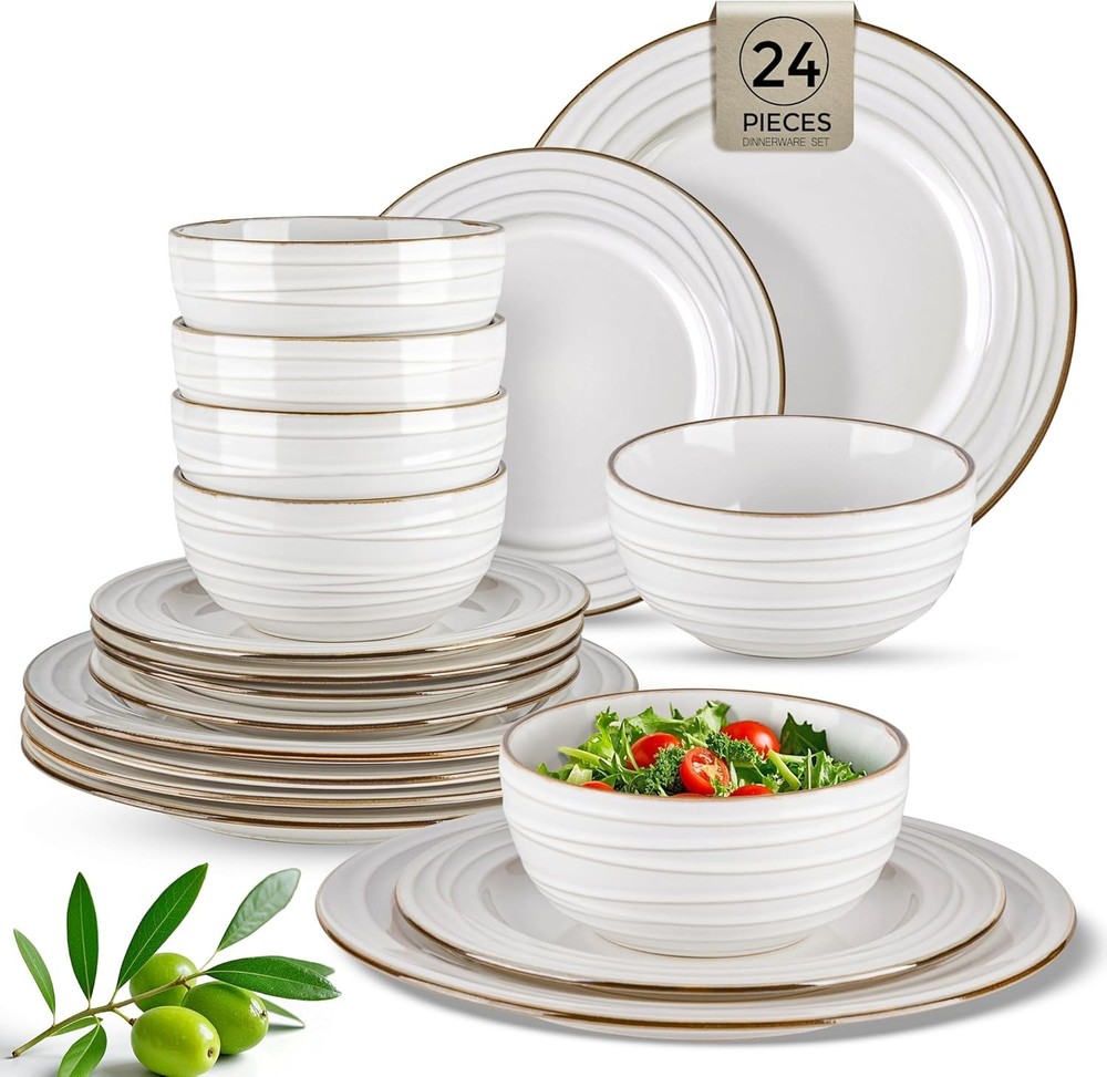 Ceramic Dinnerware Sets,12 pcs Embossed Elegant Stoneware Plates & Bowls Sets