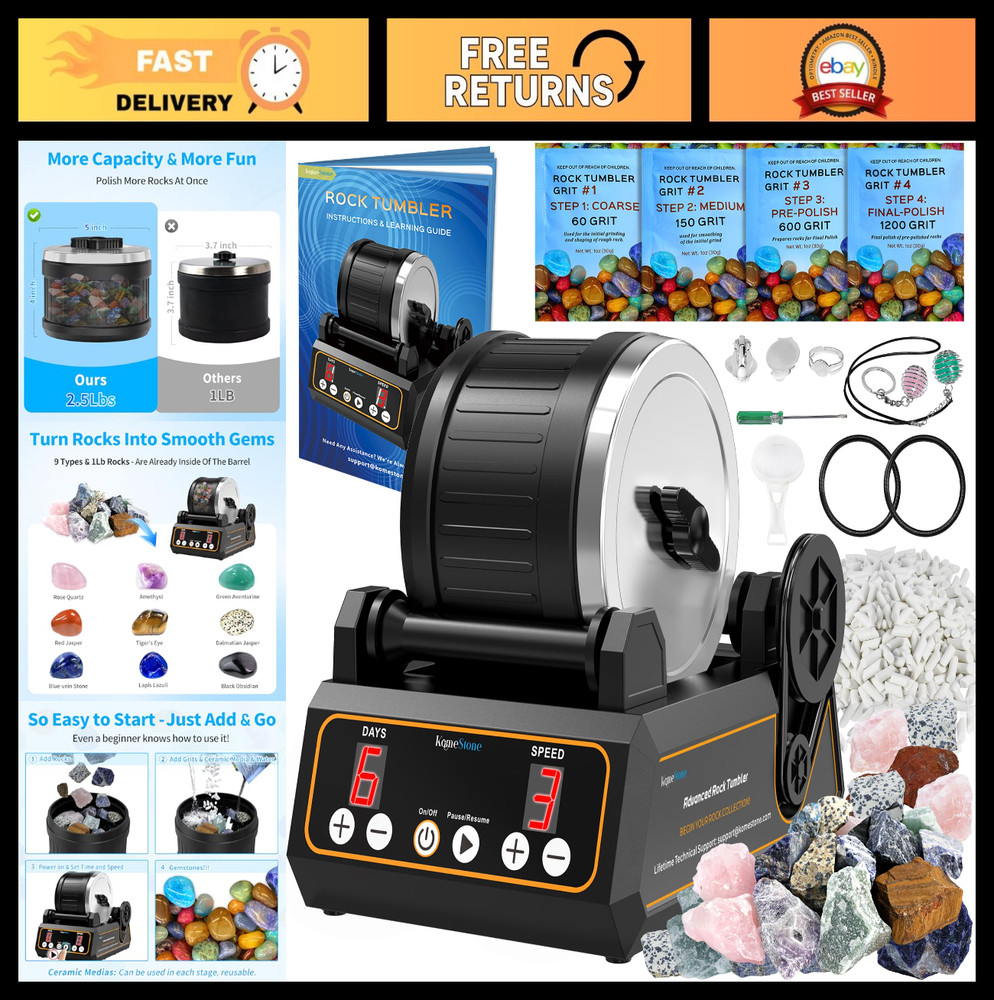 Professional Rock Tumbler Kit - 2.5LB Capacity, Digital Timer, Variable Speeds,