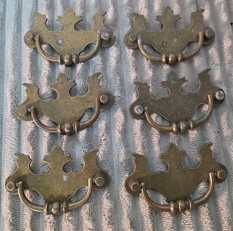 Vintage Lot of 6 Brass Drawer Drop Pulls Hardware 2.5" OC Replacement Pulls