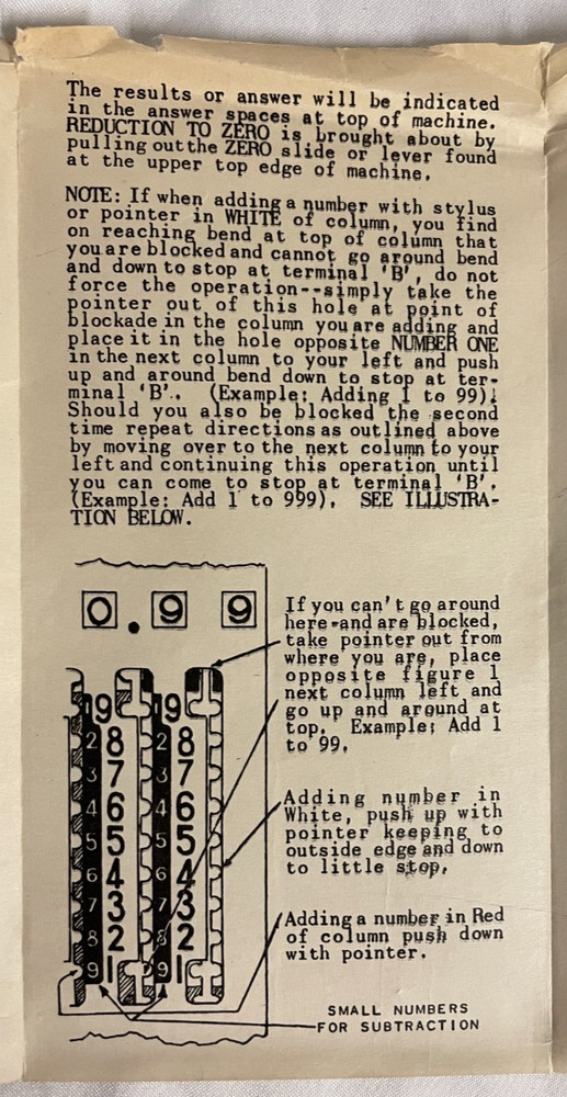 Tom Thumb Hand Adding Machine, Original Stylus, Sleeve, & Instructions