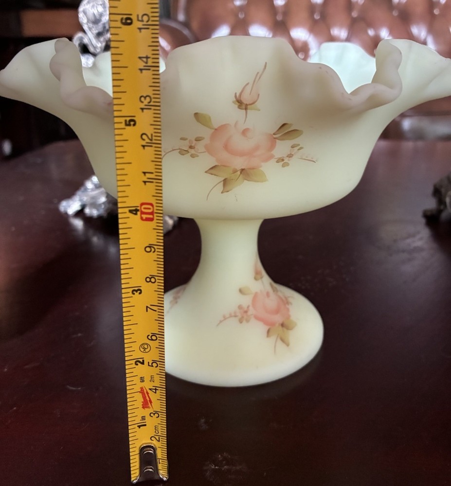 Fenton Compote Painted And Signed Hart Uranium Custard Glass