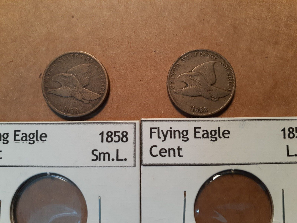 1858   FLYING EAGLE CENT    SMALL LETTERS AND LARGE LETTERS     2 COINS