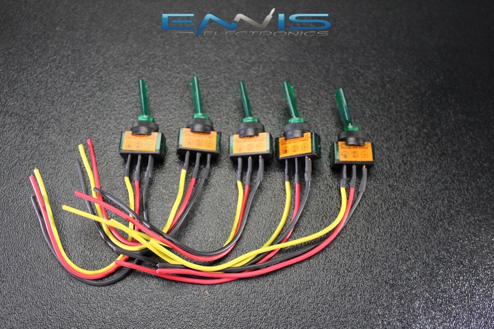 5 PCS ILLUMINATED ON OFF TOGGLE SWITCH GREEN PRE WIRED 12 VOLT 20 AMP IBITSG