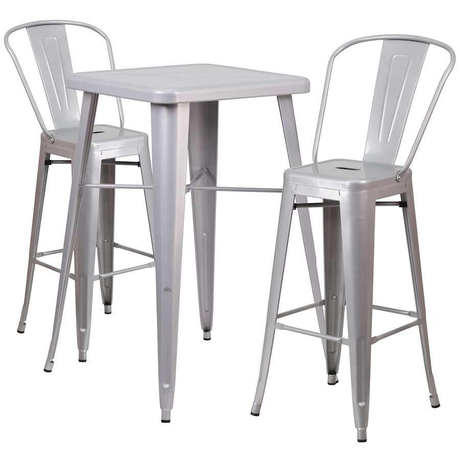 Flash Commercial Grade 23.75" Square Silver Metal Bar Table Set, 2 Back Stools