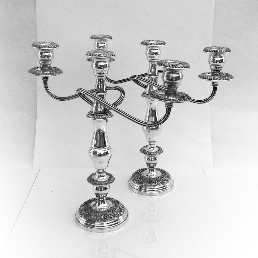 Repousse Three Light Candelabra Pair Kirk Son Sterling Silver
