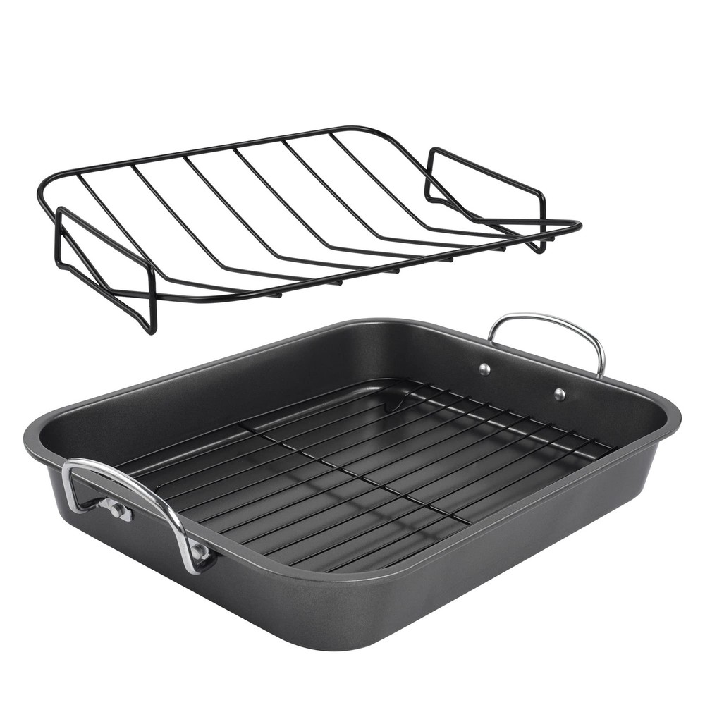 kitCom Nonstick Roasting Pan, Roaster with Rack - 16 Inch Rectangular Grill S...