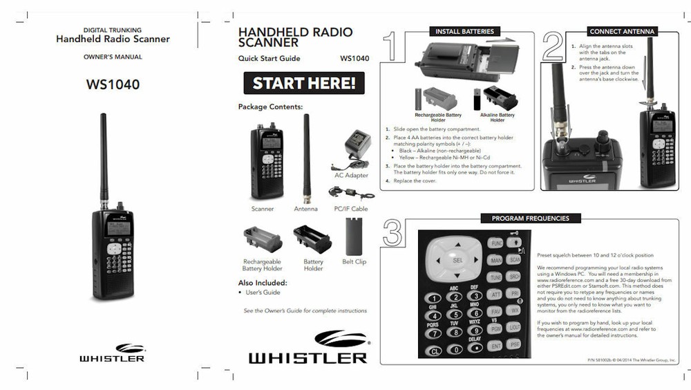 WHISTLER WS-1040 SCANNER OPERATING MANUAL + QUICK START GUIDE