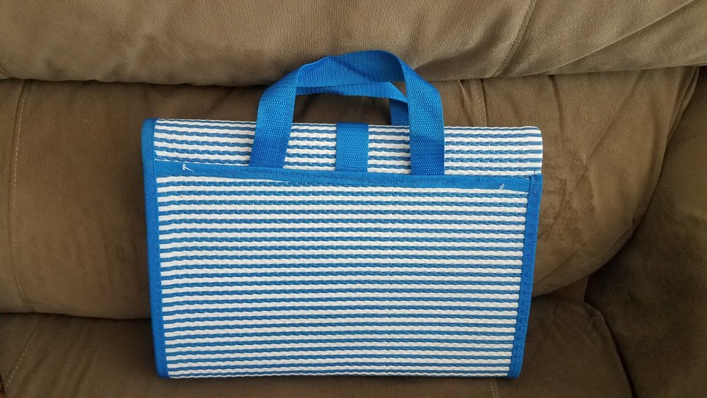 Woven Beach Mat 76 X 60" Blue & White W Carry Handle