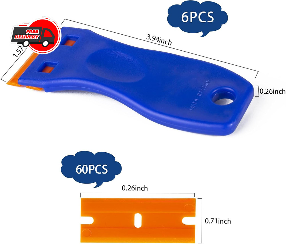 Plastic Razor Blade Scraper Tool, 6 Pcs Razor Scraper with 60 Pcs Plastic Blades