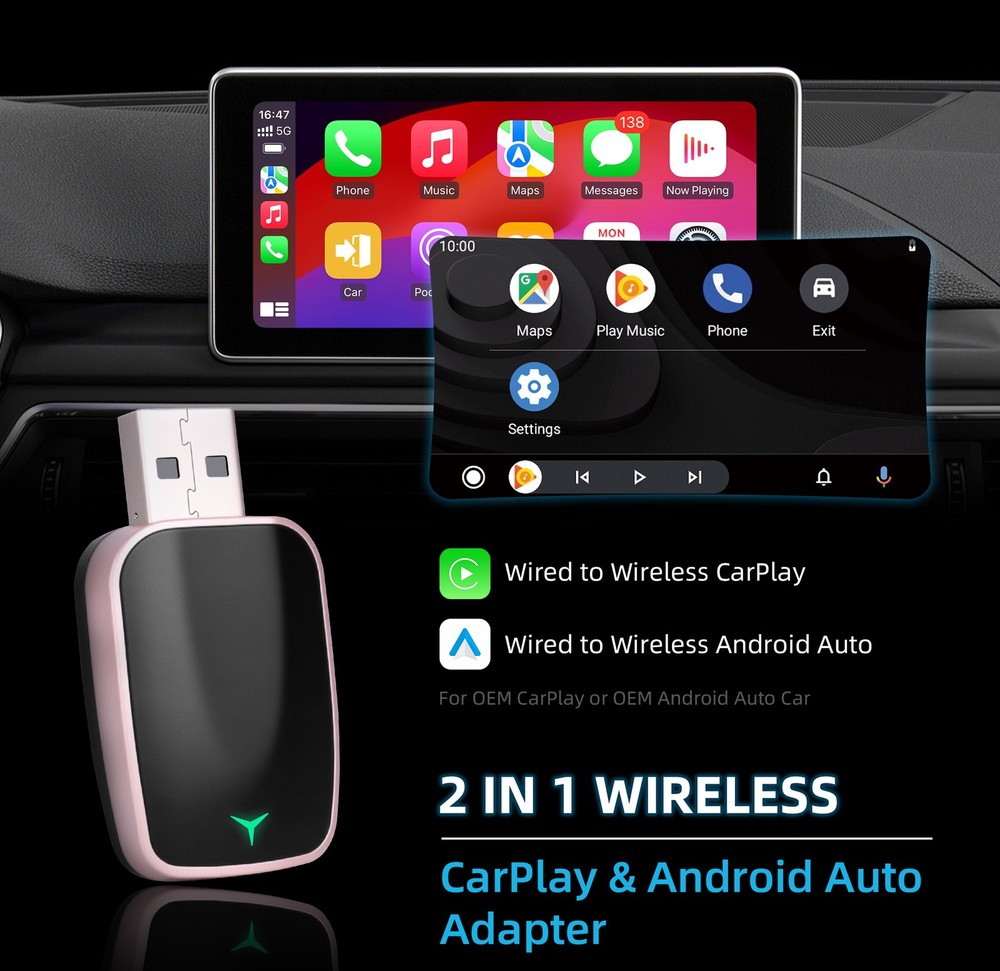 2-in-1 CarPlay&Android Auto Adapter - Wired/ Wireless, Plug&Play Compatibility