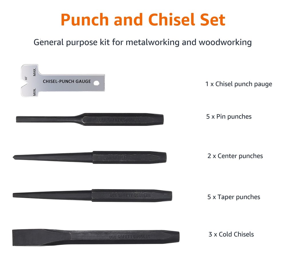 Amazon Basics 16-Piece Chrome Vanadium Steel Punch and Small, Medium, Large