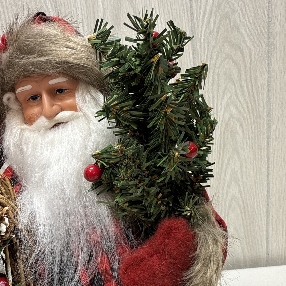 15" Plaid Black Bear Santa - Red