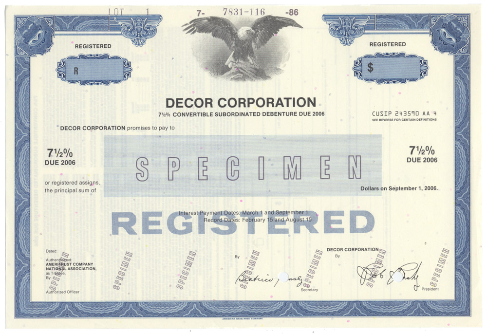 Decor Corporation Bond Certificate (Specimen)