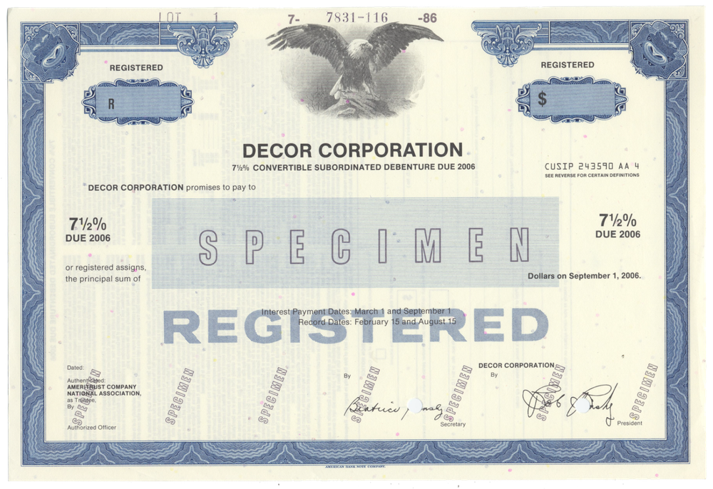 Decor Corporation Bond Certificate (Specimen)
